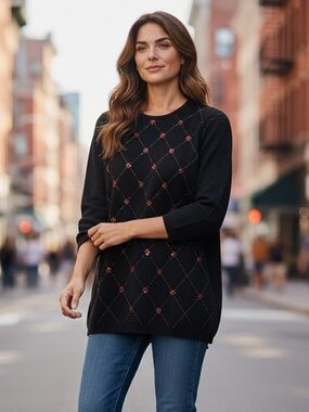 Vintage Joan Leslie Beaded Argyle Sweater XL